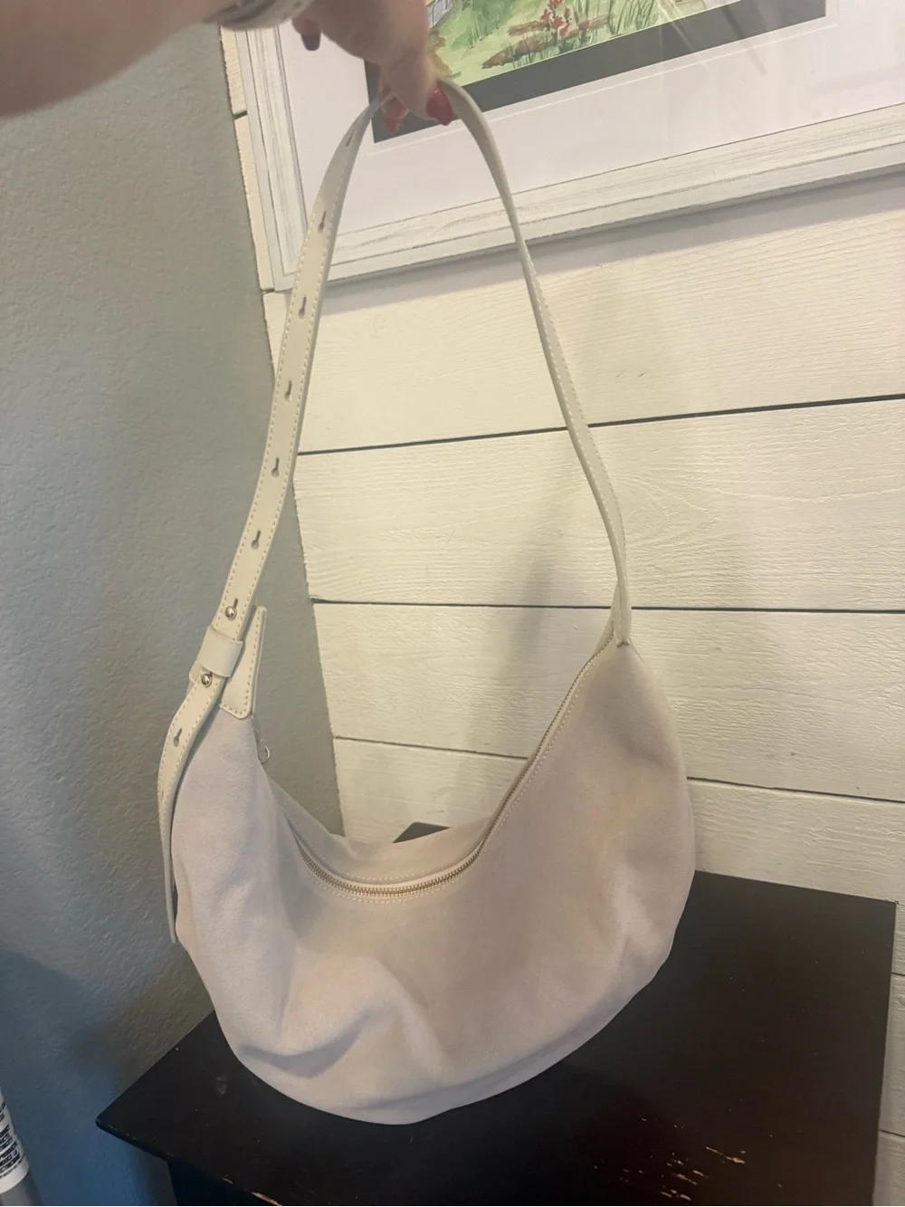 ✨ LOFT Cream Faux Suede Crescent Hobo Shoulder Bag | Minimalist Slouchy Purse